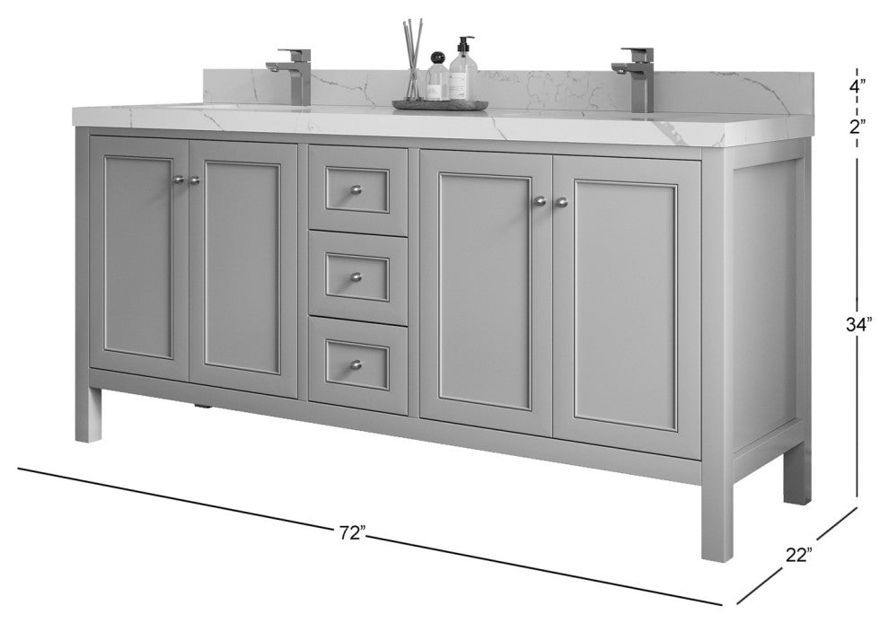 Nashville 72" Double Sink Bath Vanity, White 2" Venatino Quartz