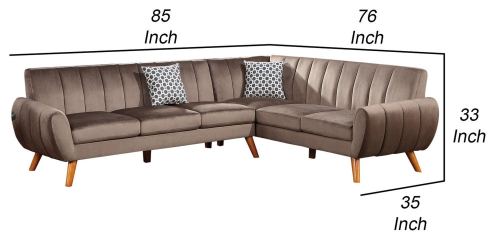 Benzara BM286362 L Shaped Sectional Sofa, Vertical Tufting, Velvet, Taupe Brown