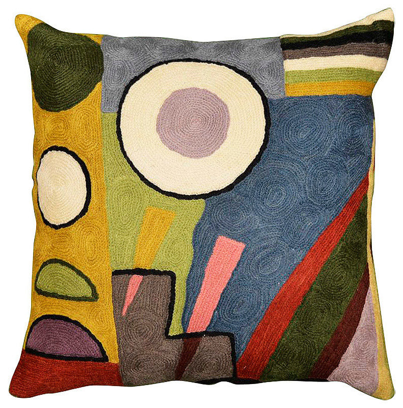 Kandinsky Pillow Cover Composition VI Blue Gray Gold Handembroidered Wool 18x18"