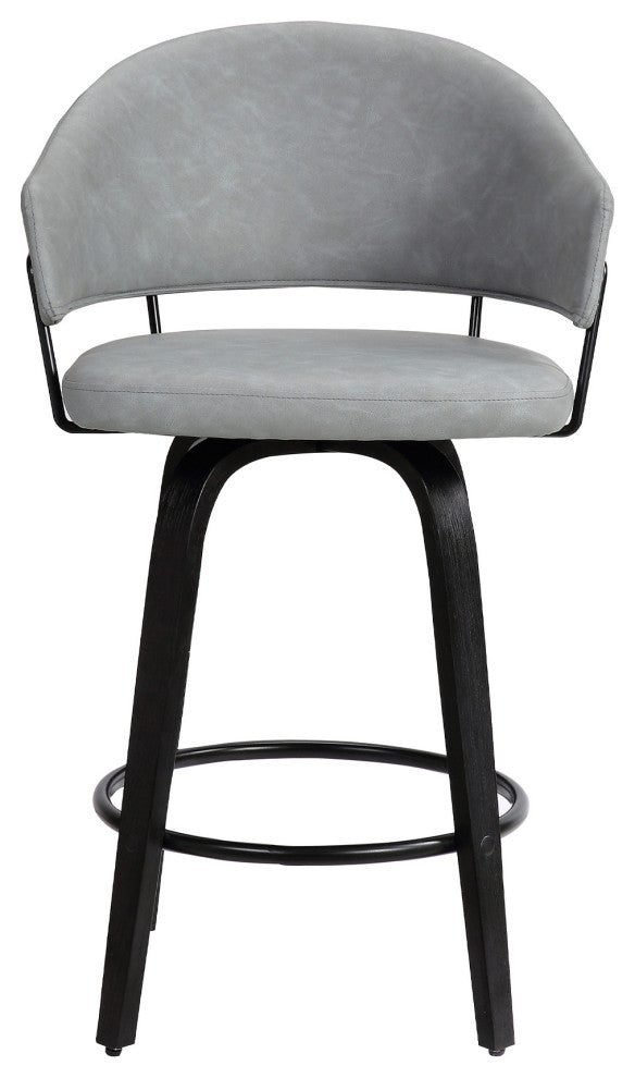 26" Dark Gray Faux Leather Black Wood Swivel Bar Stool