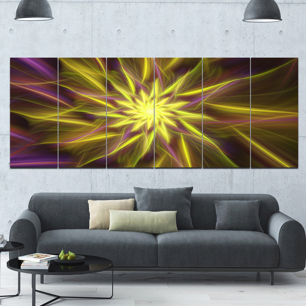 Shining Golden Exotic Fractal Flower, Floral Canvas Art Print, 70"x28", 6 Panels