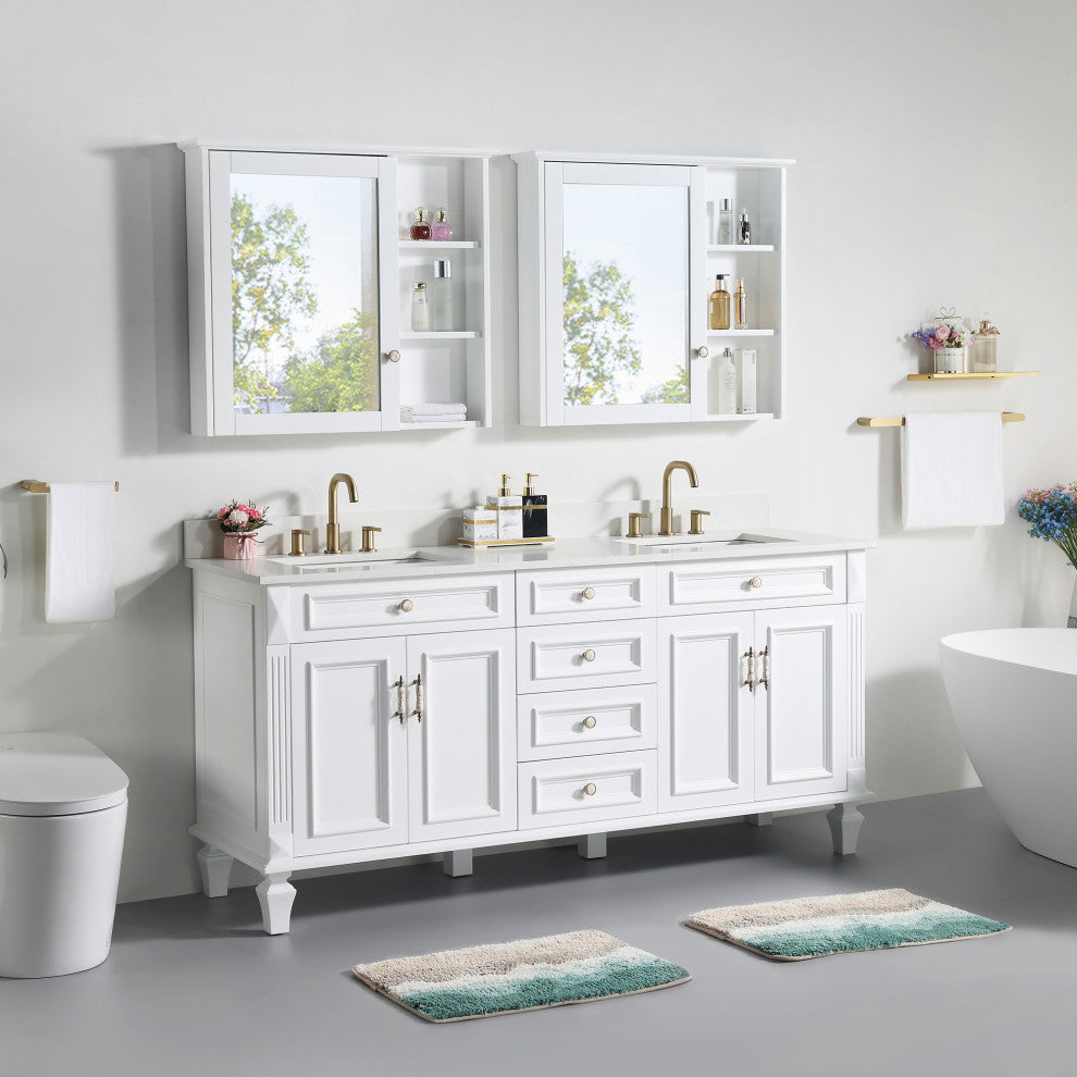 Solid Wood Bathroom Vanity with Quartz Top and cUPC Certified Sink, White, 72 Inch