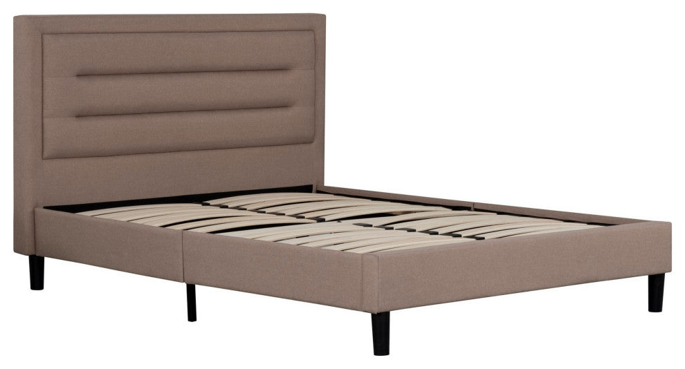 Benzara BM286437 Liam Queen Bed Brown Polylinen Horizontal Tufted Headboard