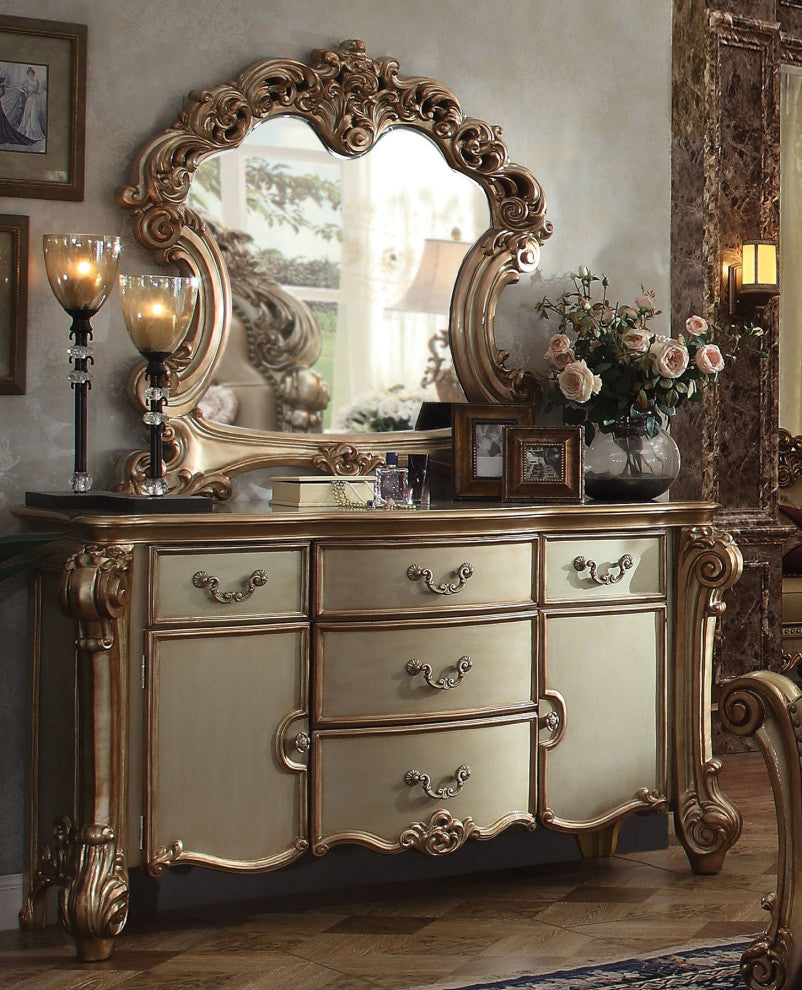 Wooden 5-drawer Dresser, Gold Patina
