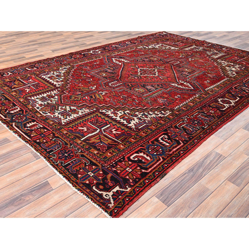 Carmine Red Vintage Persian Heriz Pure Wool Hand Knotted Oriental Rug 7'8"x11'