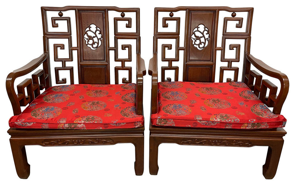 Consigned Vintage Chinese Rosewood Carved Living Room Chair - a Pair