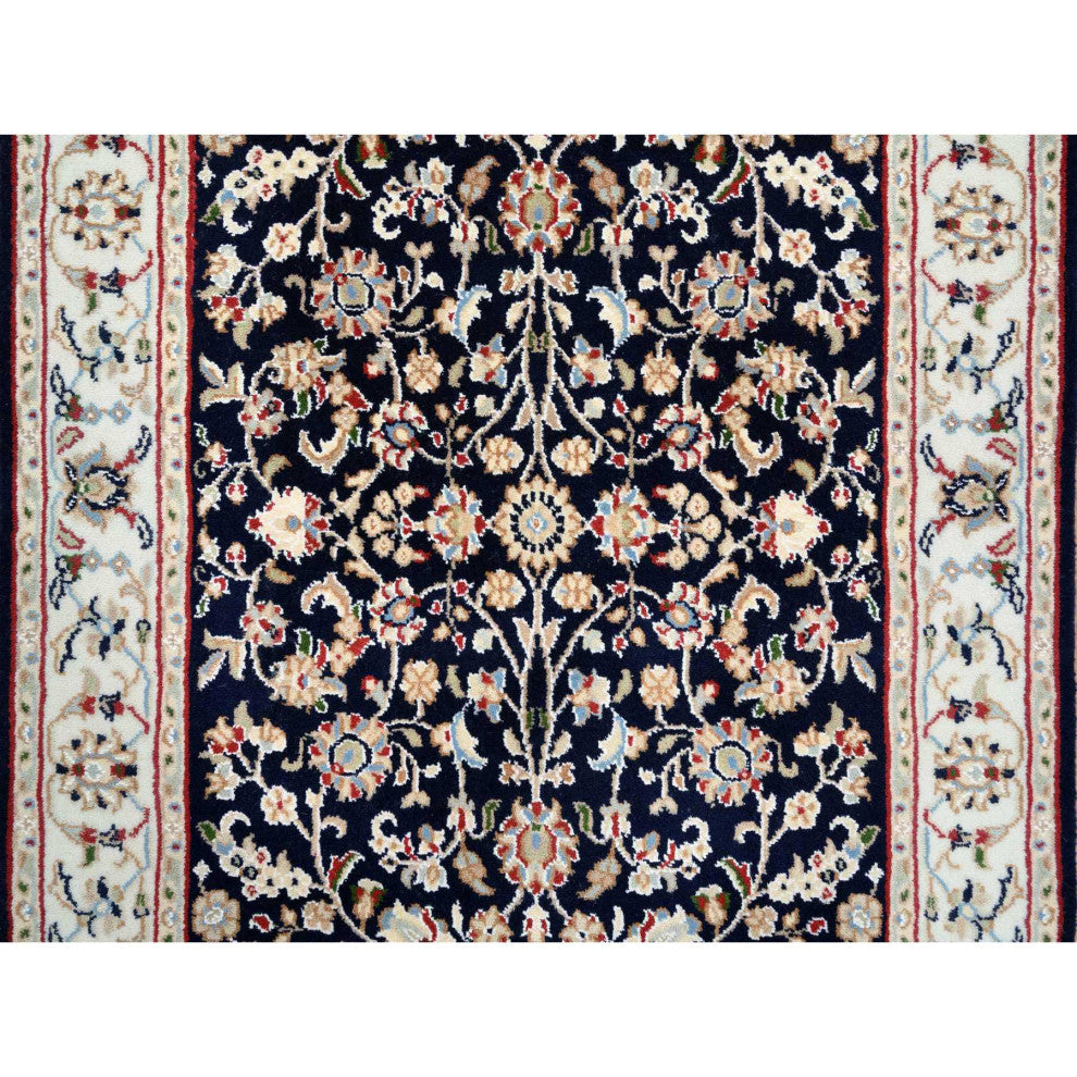 Midnight Blue 250 KPSI Wool and Silk Hand Knotted Nain Runner Rug 2'8" x 10'0"