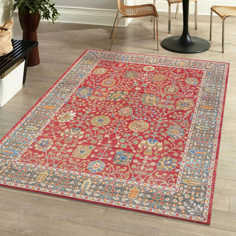 India Flower Area Rug, Burgundy, 5x8