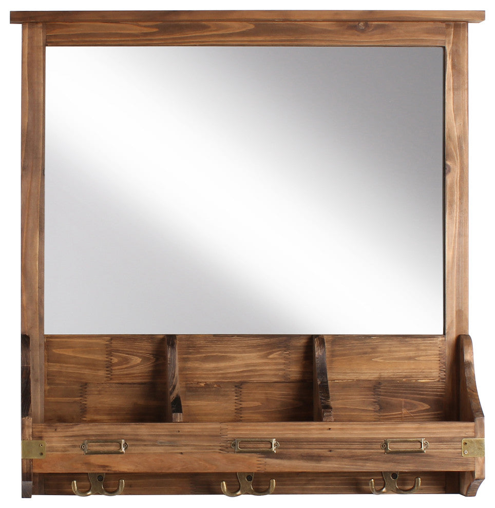 Stallard Decorative Rustic Wood Framed Mirror With Hooks, Rustic Brown
