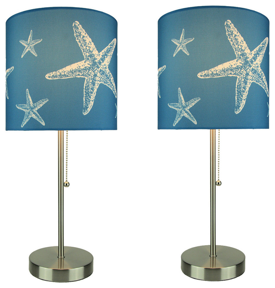 Brushed Nickel Finish Coastal Table Lamp With Blue Starfish Shade Set of 2