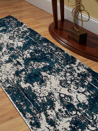 Machine Woven Heatset Polypropylene Area Rug Abstract Ivory Blue, [Runner] 3'2''x10'