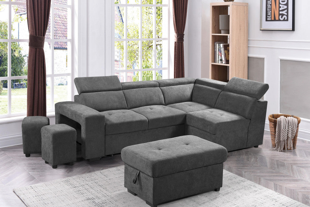 Henrik Gray Sleeper Sectional Sofa With Storage Ottoman and 2 Stools, Light Gray