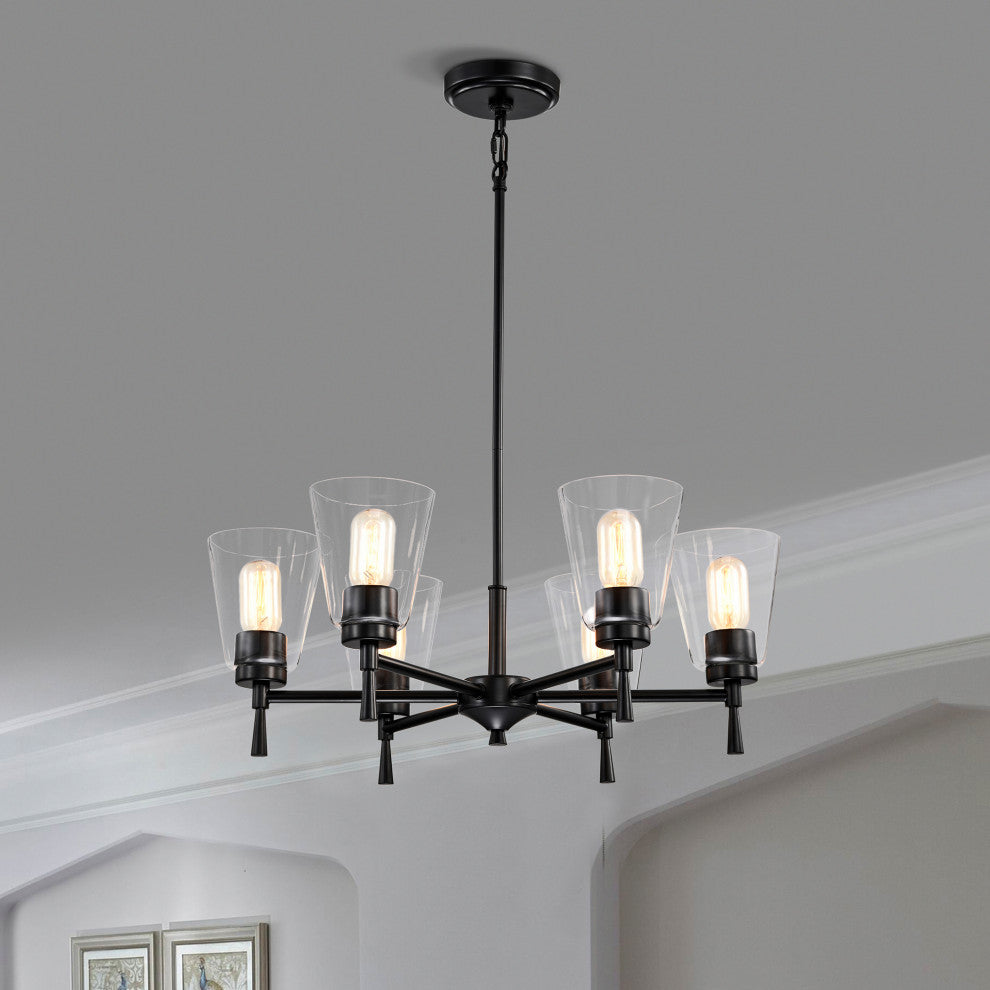 6-Light Matte Black Modern Chandelier With Clear Cone Glass Shades