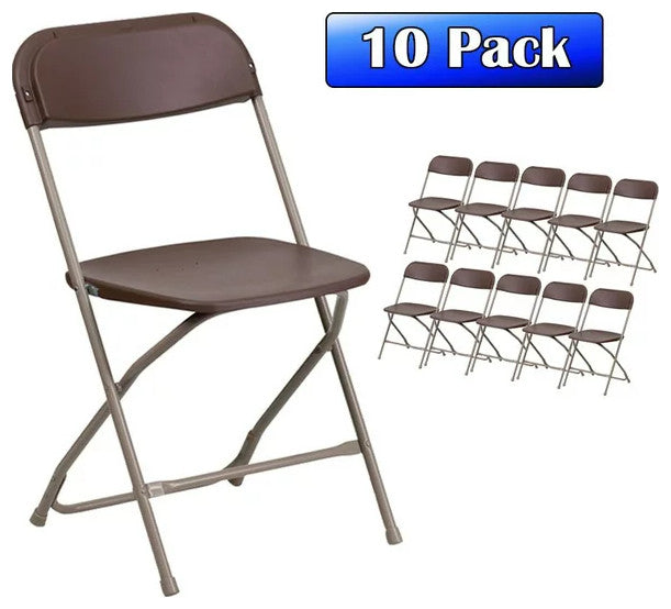 10 Pack Folding Chair, Coated Metal Frame With Plastic Seat & Open Back, Brown