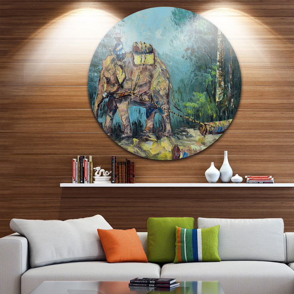 Elephant Dragging Logs, Animal Painting Round Metal Wall Art, 38"