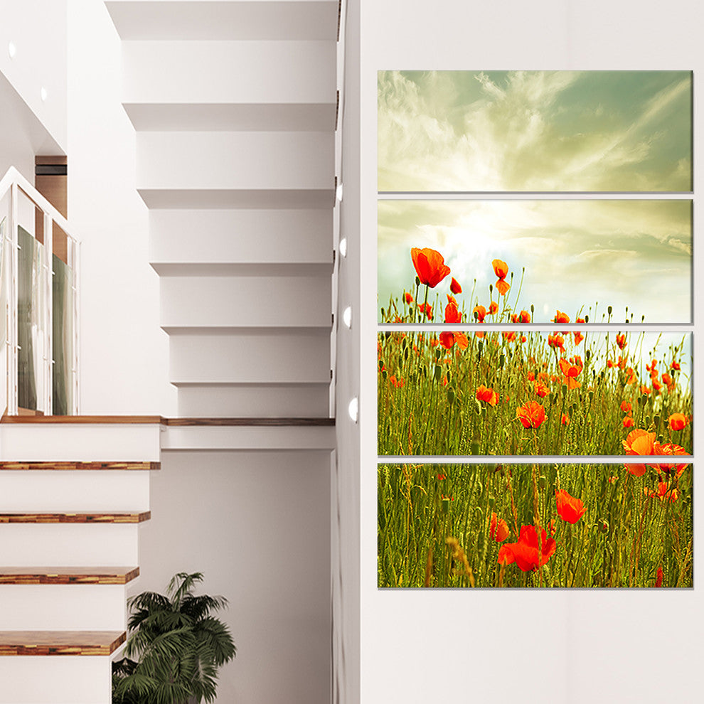 Red Poppy Flowers in Green Field, Floral Canvas Art Print, 28"x48", 4 Panels