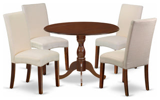 5 Pc Dining Set, 1 Drop Leaves Dining Table, 4 Cream Chairs, Mahogany Finish