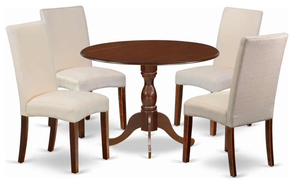 5 Pc Dining Set, 1 Drop Leaves Dining Table, 4 Cream Chairs, Mahogany Finish