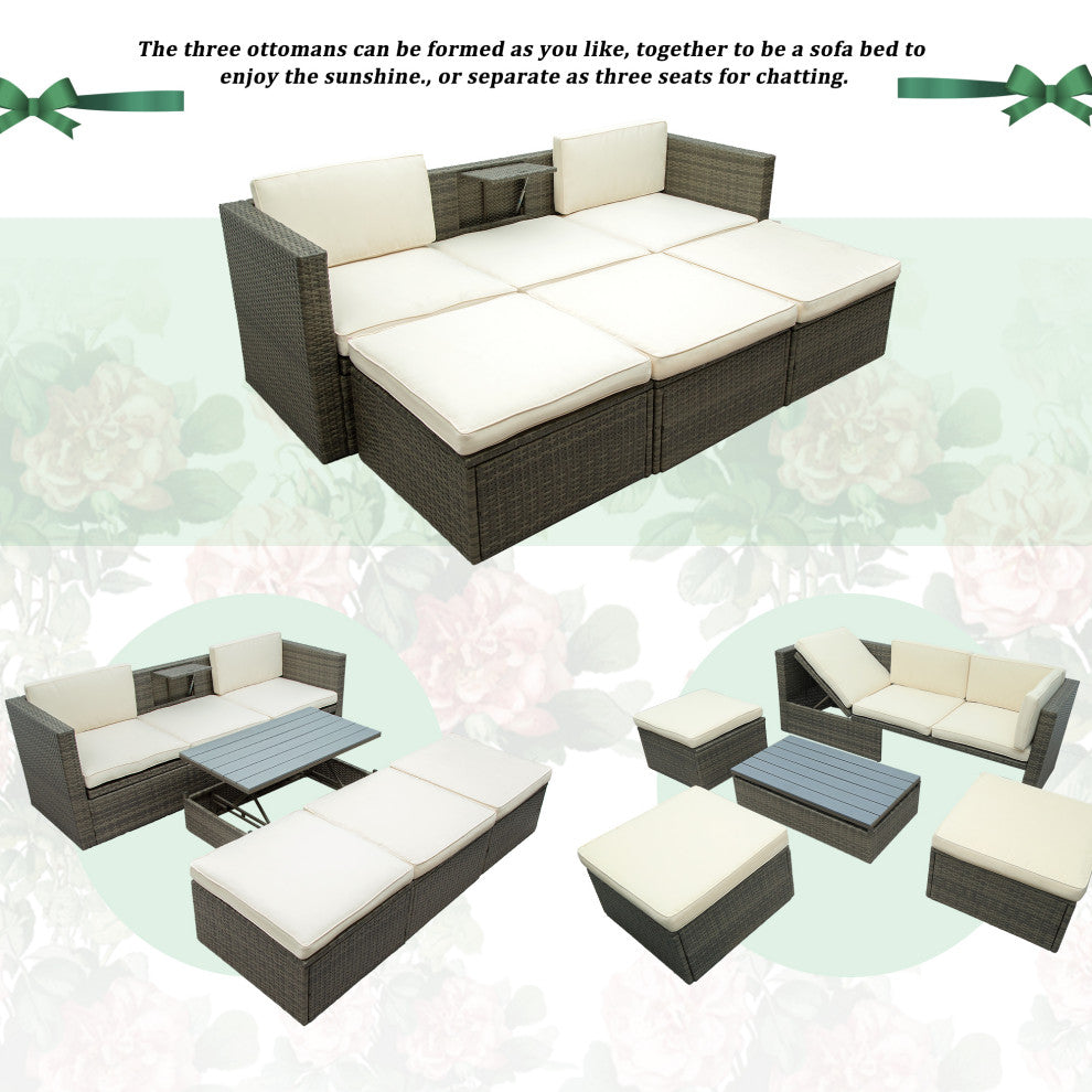 5-Piece Outdoor Wicker Patio Sofa with Ottomans and Lift Top Coffee Table, Gray