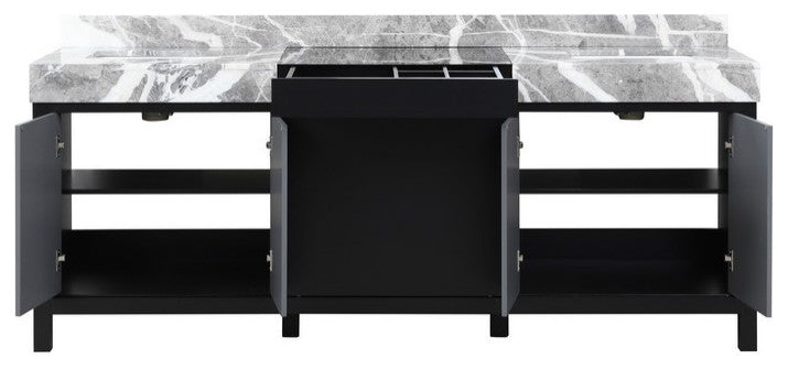 Zilara 84" Black and Grey Double Vanity, Castle Grey Marble Tops