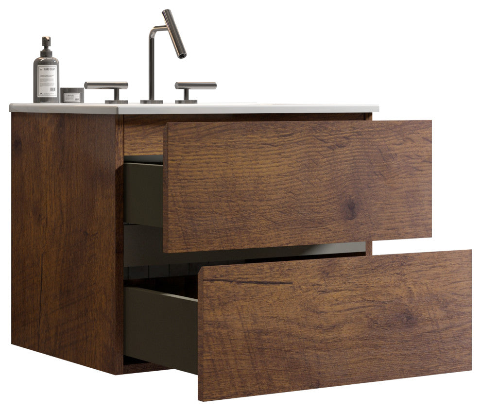 Wall-Mounted Bathroom Vanity Set with Ceramic Sink with three faucet holes, Walnut, 24"