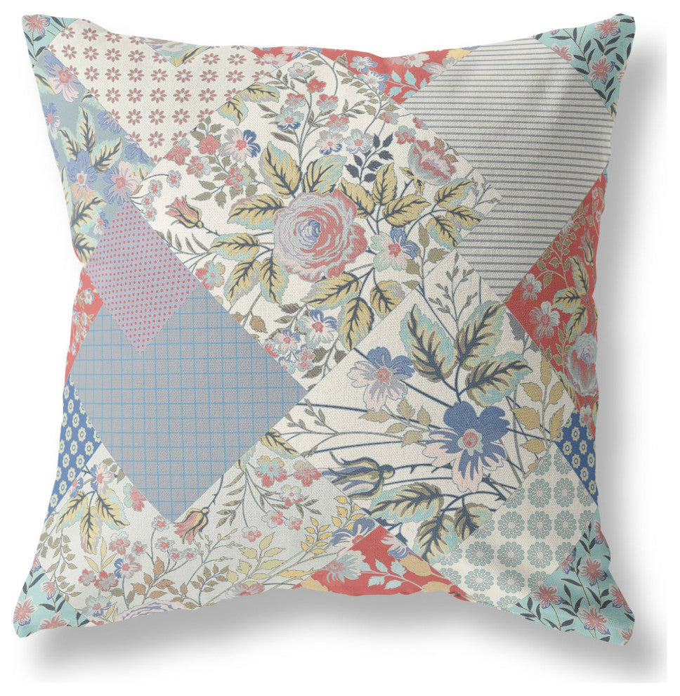 26" Red White Boho Floral Indoor Outdoor Throw Pillow