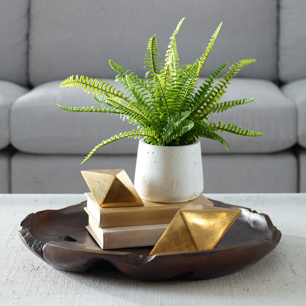 Lifestyle photo; fern in white pot placed in a real living room setting with decor.