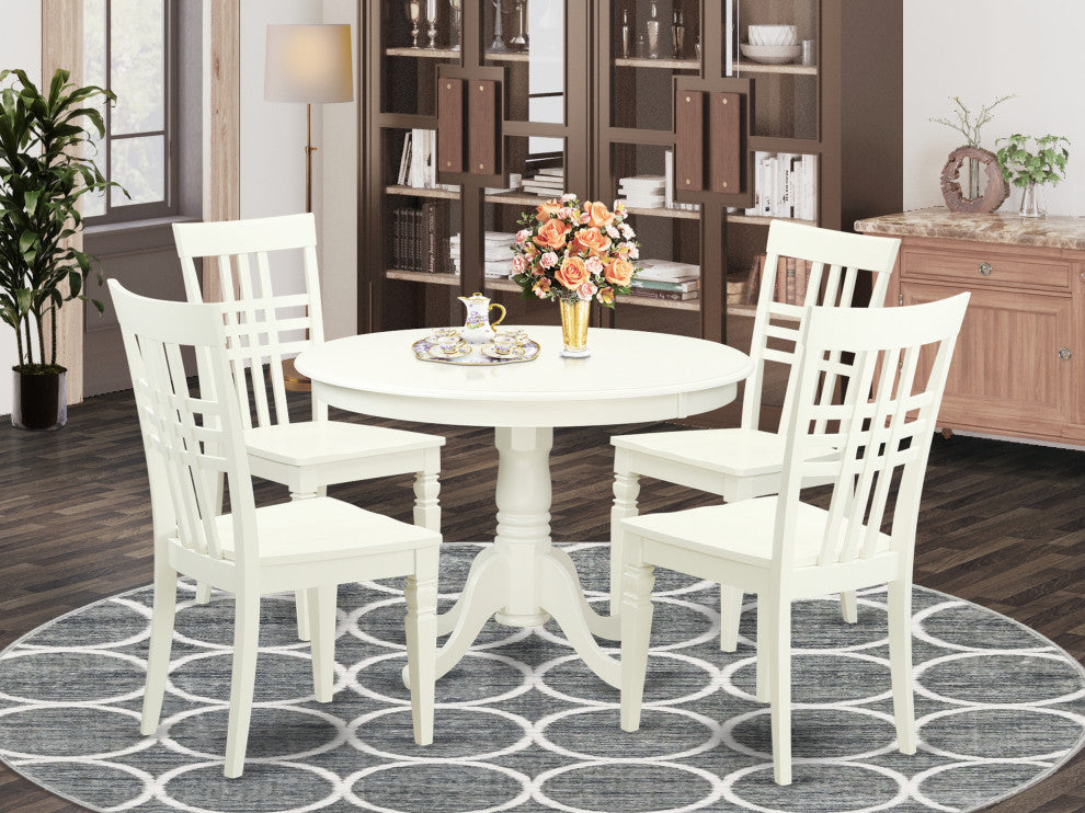 5 Pc Set With A Round Dinette Table And 4 Wood Dinette Chairs, Linen White