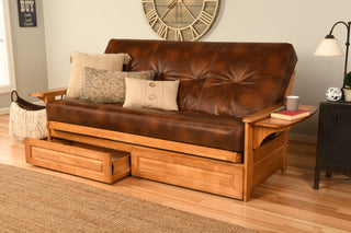 Mesa Frame Futon With Butternut Finish, Storage Drawers, Oregon Trail Saddle