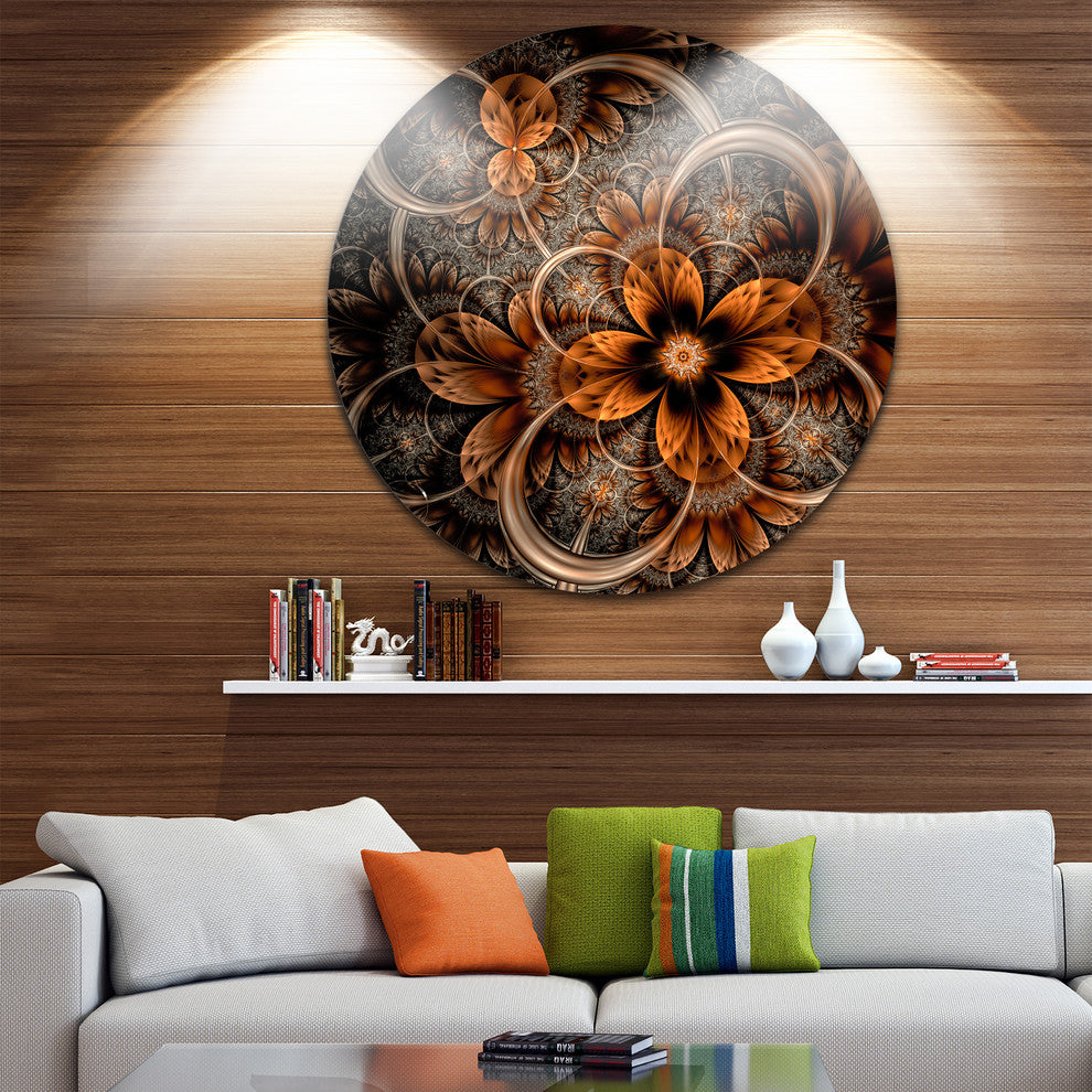 Dark Orange Digital Art Fractal Flower, Floral Round Wall Art, 11"
