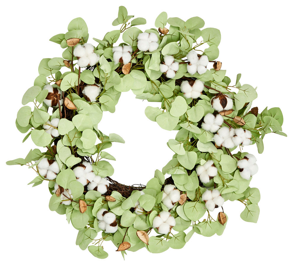 24" Cotton With Leaves Wreath