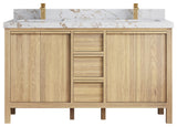 Elizabeth Oak 60" Double Sink Vanity, White 2" Viola Gold