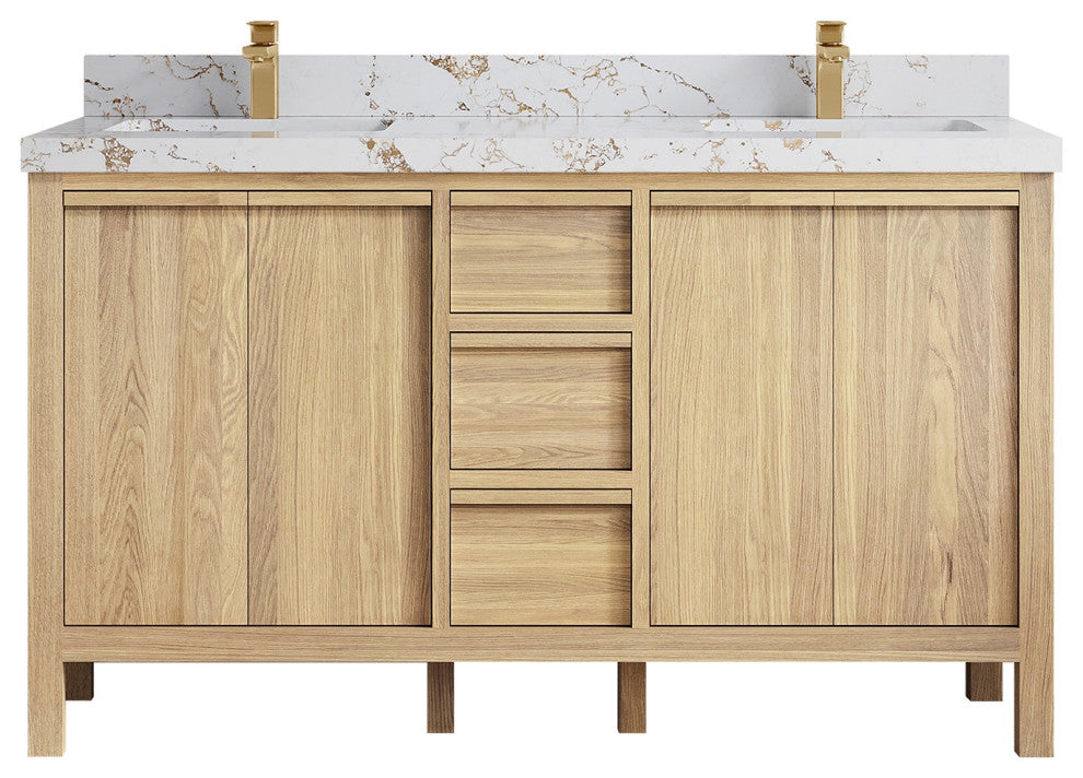 Elizabeth Oak 60" Double Sink Vanity, White 2" Viola Gold