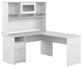 Cabot 60W L Shaped Computer Desk with Hutch in White - Engineered Wood