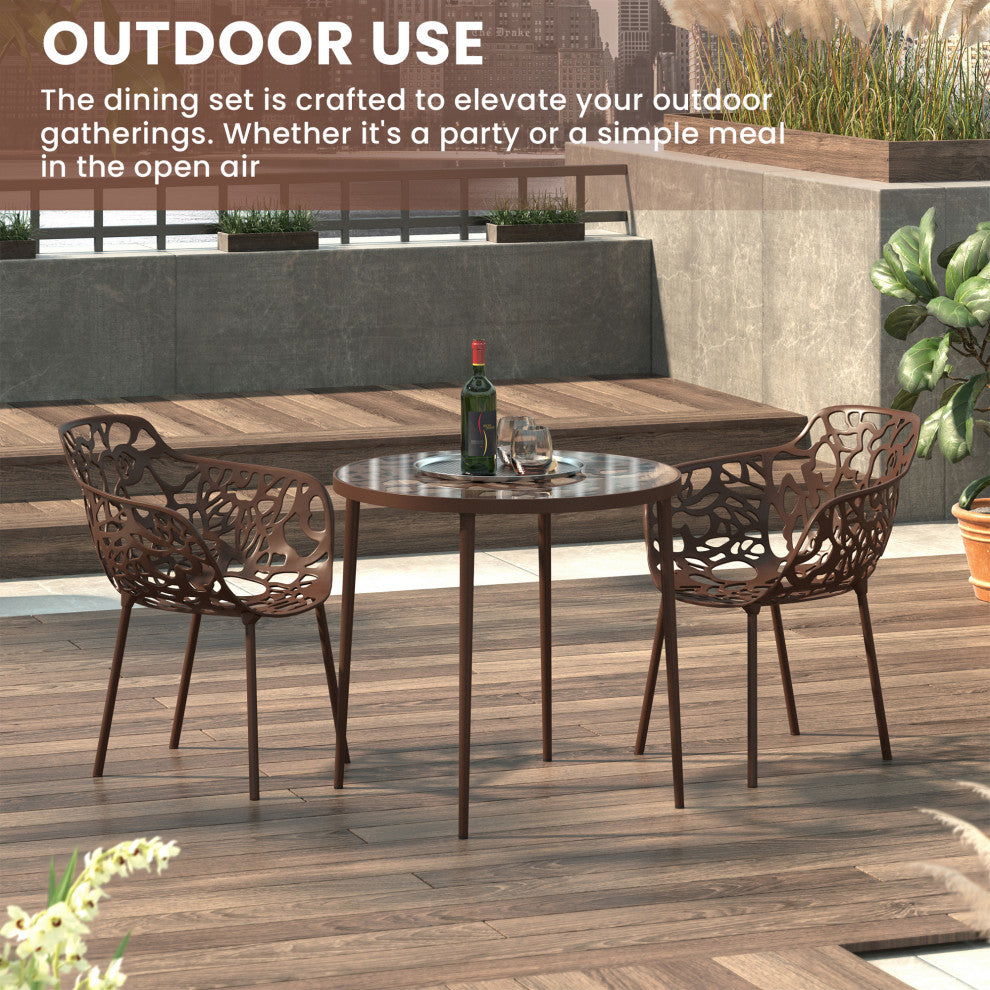 LeisureMod Devon Aluminum Patio Dining Set With Table and 2 Armchairs, Brown