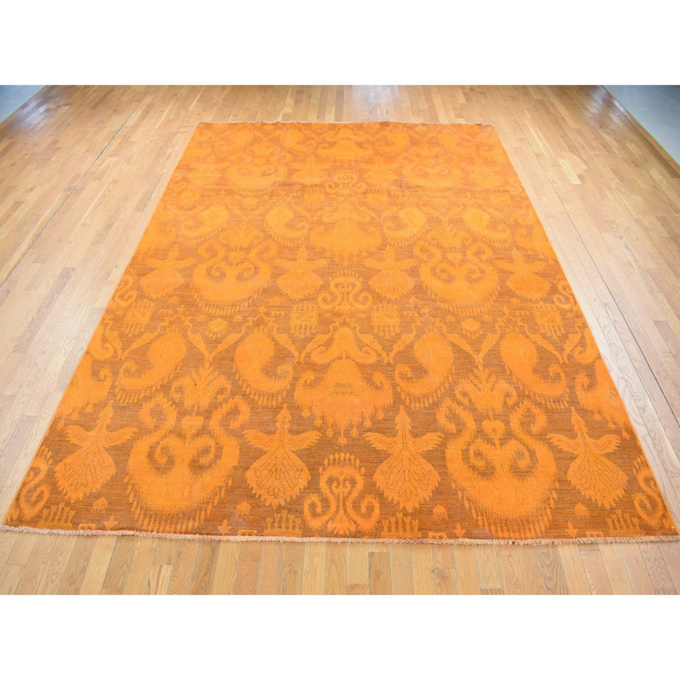 Hand Knotted Pure Wool, Orange Cast Overdyed Ikat Oriental Rug, 9'1"x12'3"