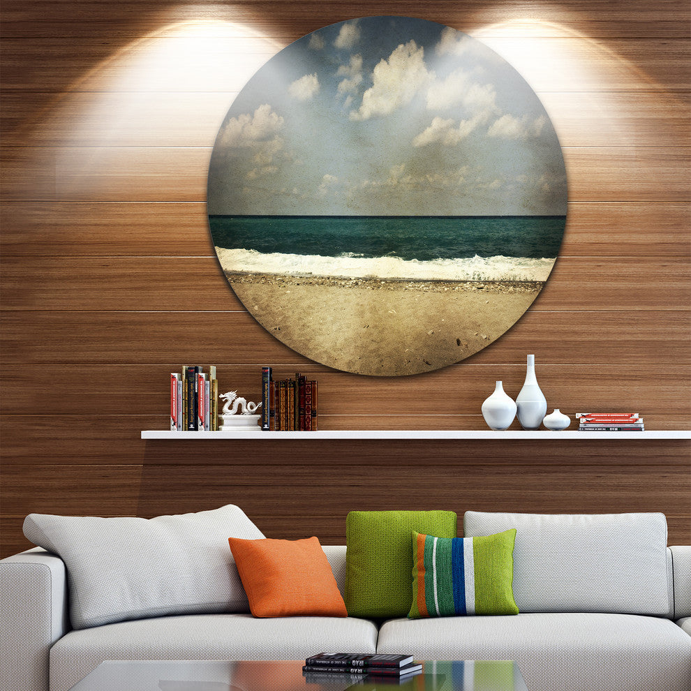 Vintage Beach With Heavy Clouds, Seashore Disc Metal Wall Art, 36"