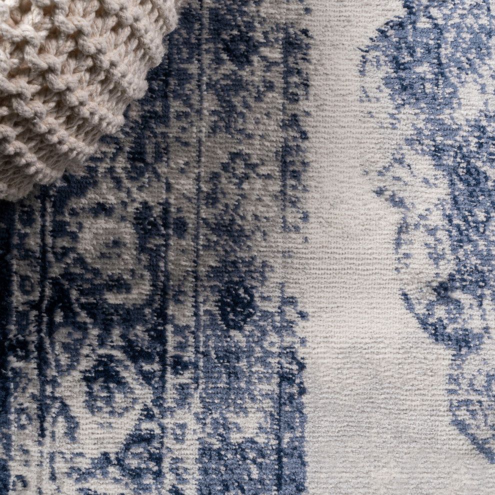 Rosalia Cottage Medallion Area Rug, Dark Blue/Ivory, 2'x8'