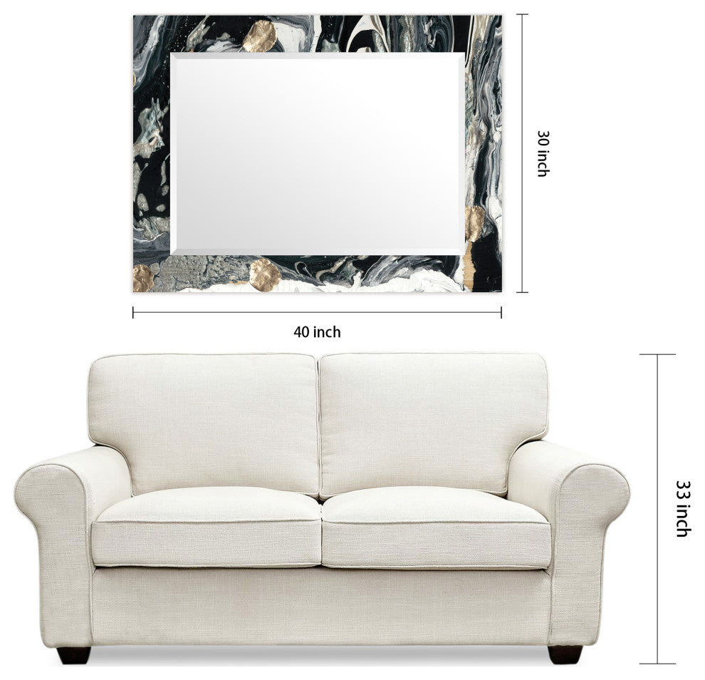 "Ebony and Ivory" Beveled Mirror on Printed Abstarct Tempered Art Glass, 40x30"