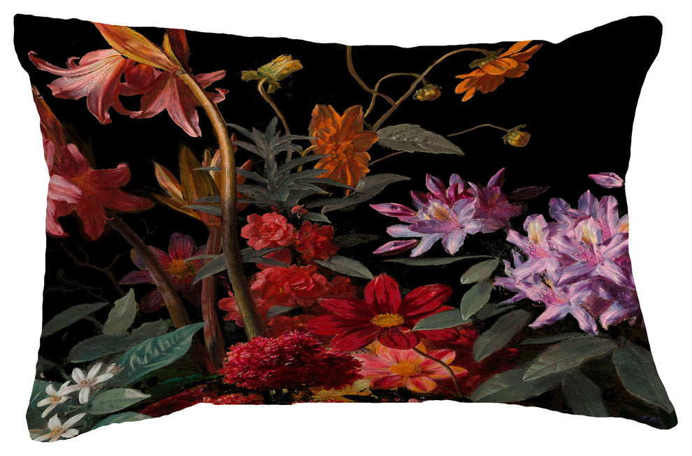 Floral Craze Floral Print Throw Pillow With Linen Texture, Black, 14"x20"