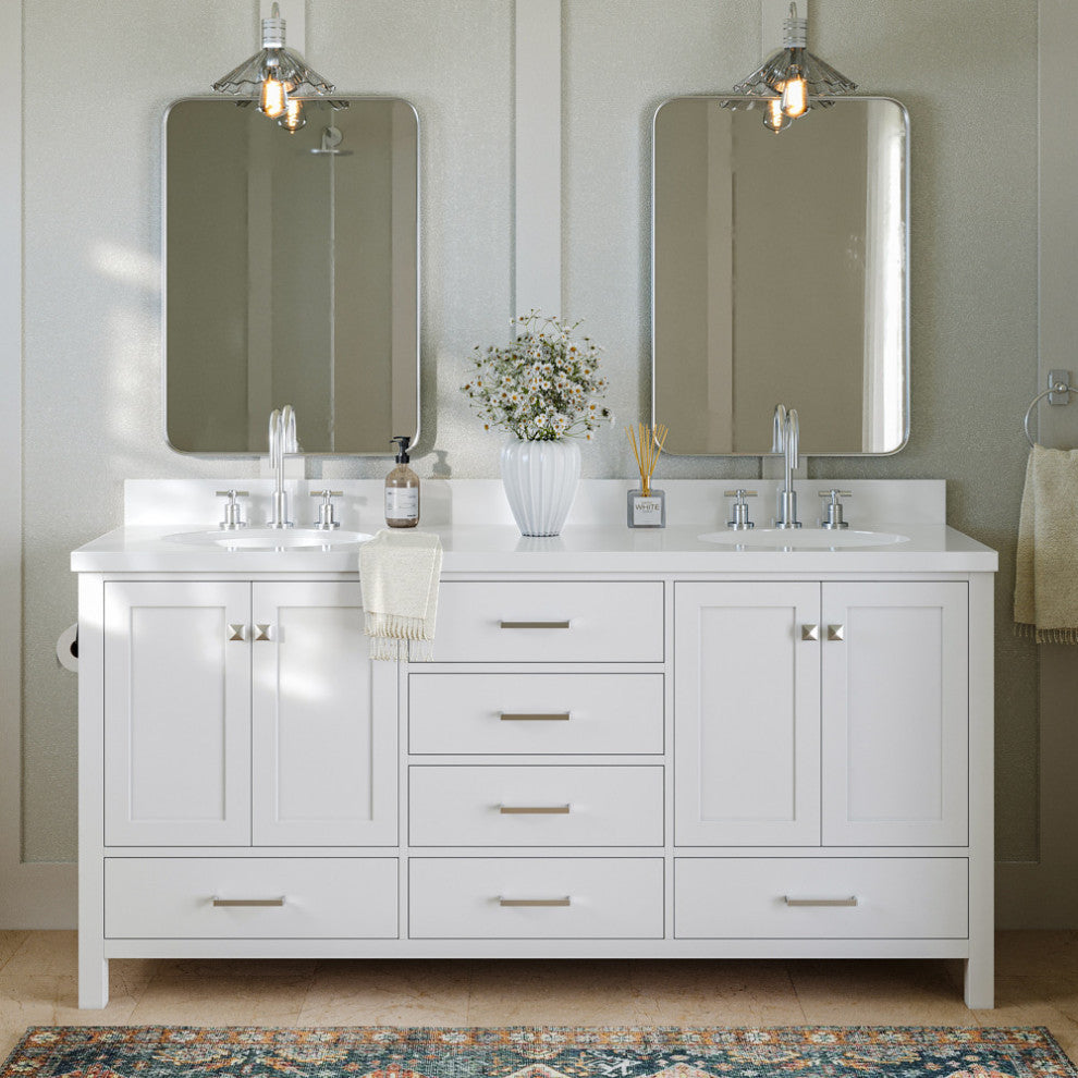 ARIEL Cambridge 73" Double Oval Sink Bathroom Vanity White with Quartz Top