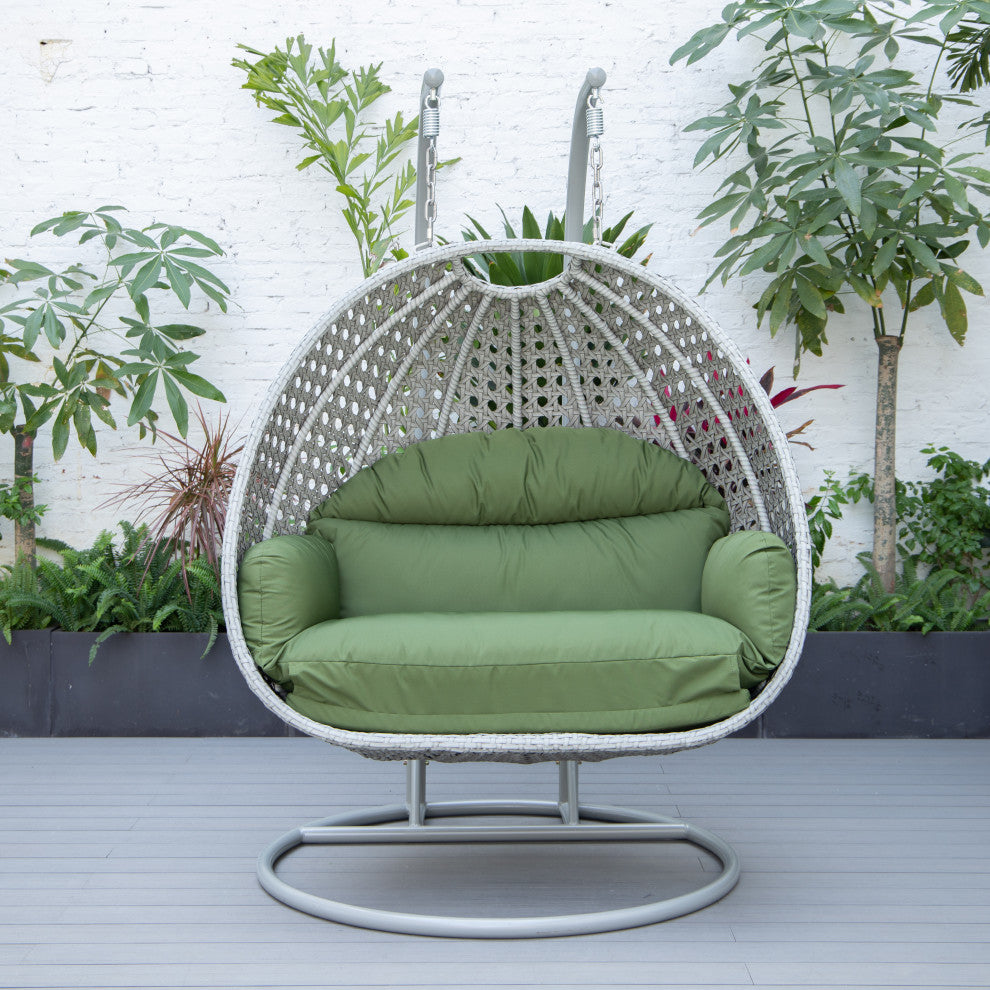 LeisureMod Mendoza Light Gray Wicker Hanging Double Egg Swing Chair, Dark Green