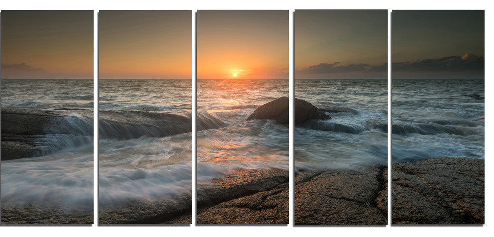 Lashing Sea Waves At Sunset, Beach Photo Canvas Print, 60"x28", 5 Panels