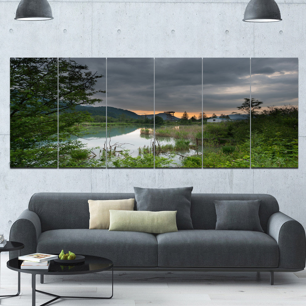 Stormy Weather Over Swamp, Landscape Canvas Art Print, 70"x28", 6 Panels