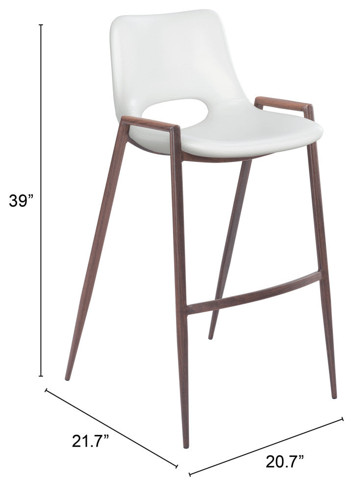 Bar Stool Chair Barstool, Set of 2, Faux Vinyl Leather, Steel, White, Walnut
