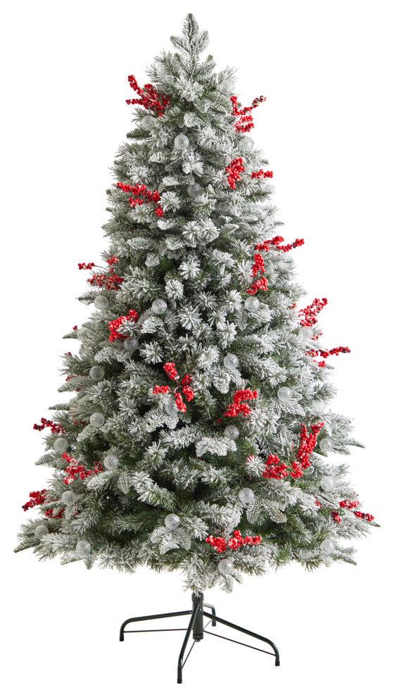 6' Snow Tipped Norwegian Fir Pre-Lit Faux Xmas Tree W/Lights, Berries