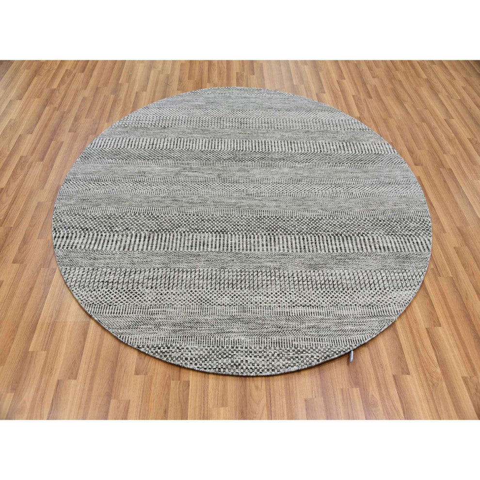 Perfect Gray Undyed Wool Modern Grass Design Hand Knotted Round Rug, 6'1"x6'