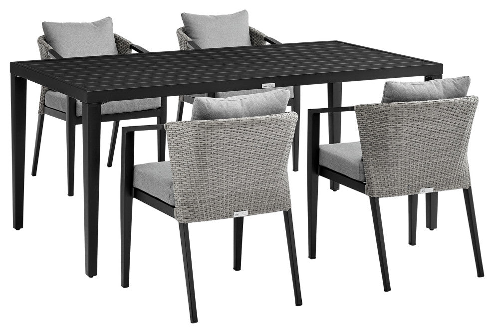 Aileen Patio 5-Piece Dining Table Set, Aluminum and Wicker With Gray Cushions