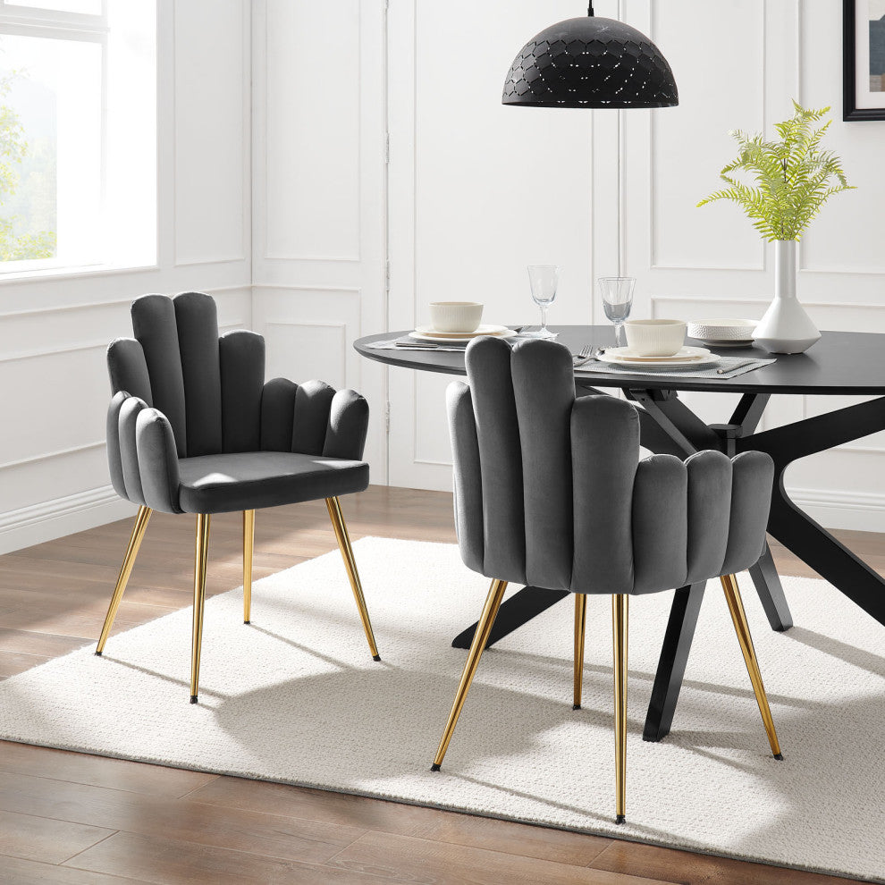 Dining Chair, Set of 2, Gold Gray, Velvet, Modern Cafe Bistro Hospitality
