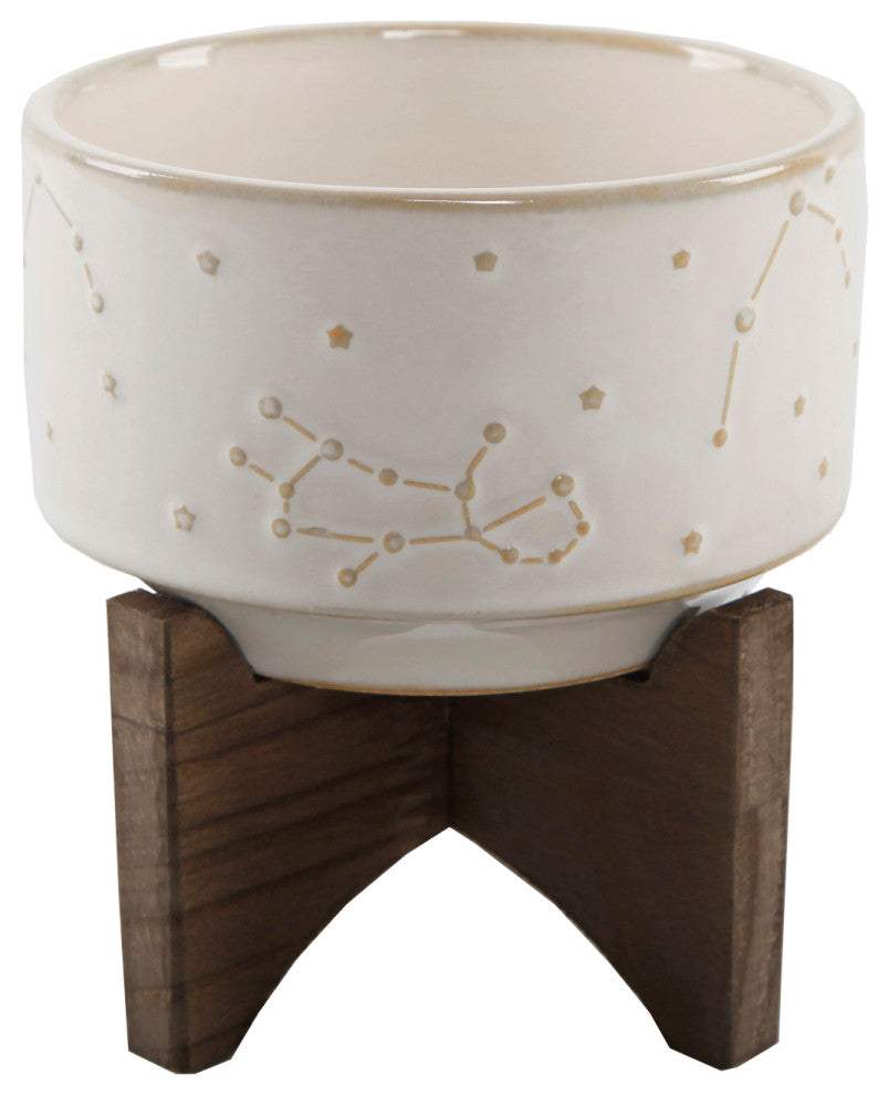 4" Constellation Ceramic Pot On Wood Stand, Ivory